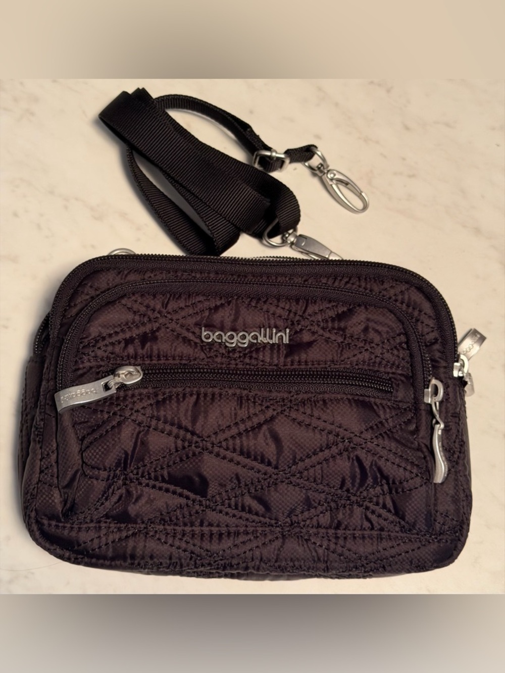 Baggallini Triple Zip Bag Black Quilted Crossbody with Silver Hardware